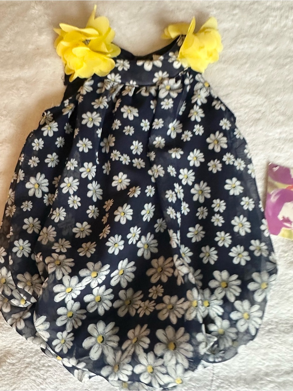 Blueberi Boulevard Navy Floral Bubble Dress with Yellow Flower Sleeves